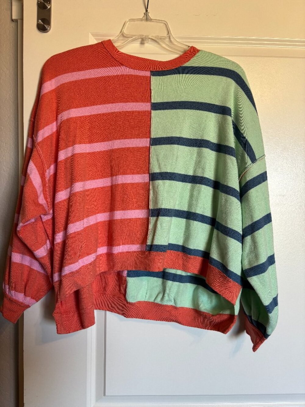 Altar'd State Split Color Block Striped Sweater Pink Green Coral L